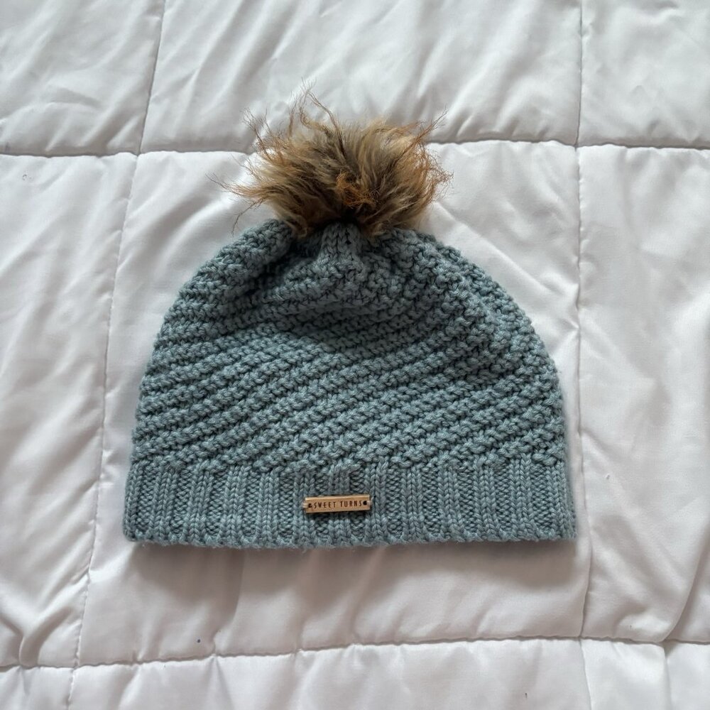 Sweet Turns Blue Knit Hat Beanie Winter Fall Cap Brown Pom Fleece Lining